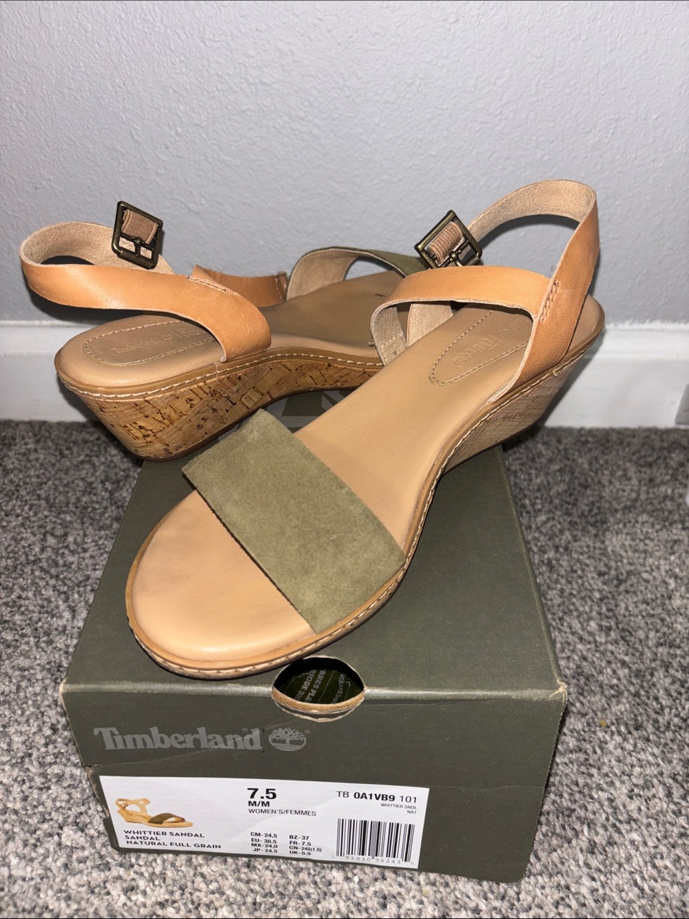 Timberland Tan Leather and Olive Suede Cork Wedge Sandals